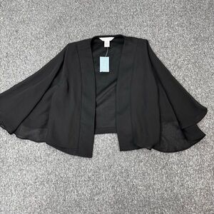 London Times Women’s 6P Black Chiffon Shrug  Capelet Open Front Batwing Sleeves